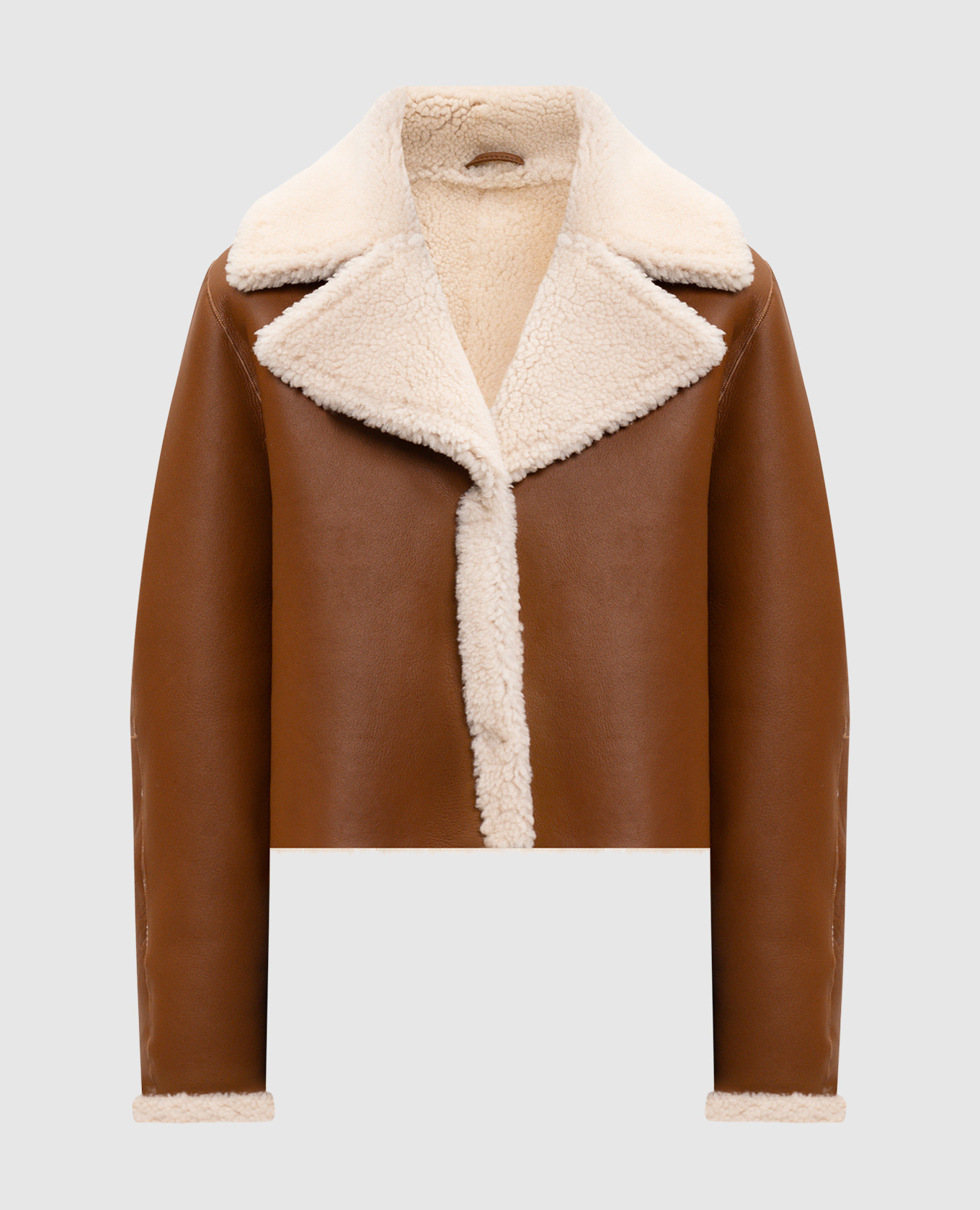 

Коричневая укороченная дубленка с контрастной отделкой, Коричневый, Дубленки