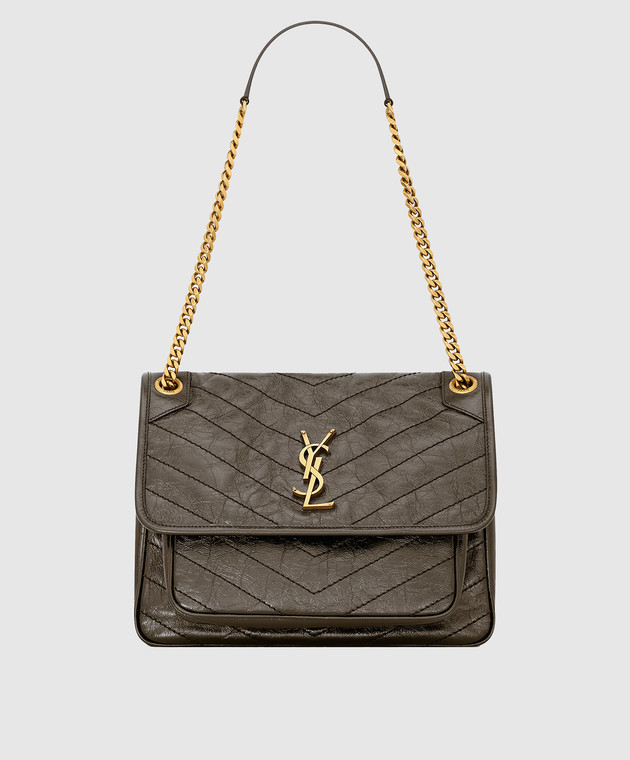 Saint Laurent Кожаная глянцевая сумка-мессенджер NIKI цвета хаки 6331840EN07