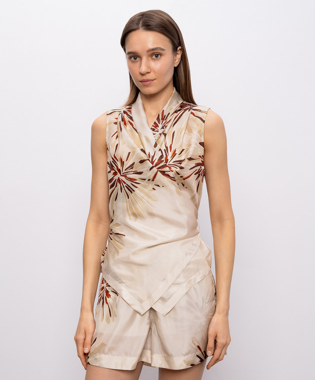 Brunello Cucinelli Бежева блуза із шовку в принт MQ967EG906 зображення 3