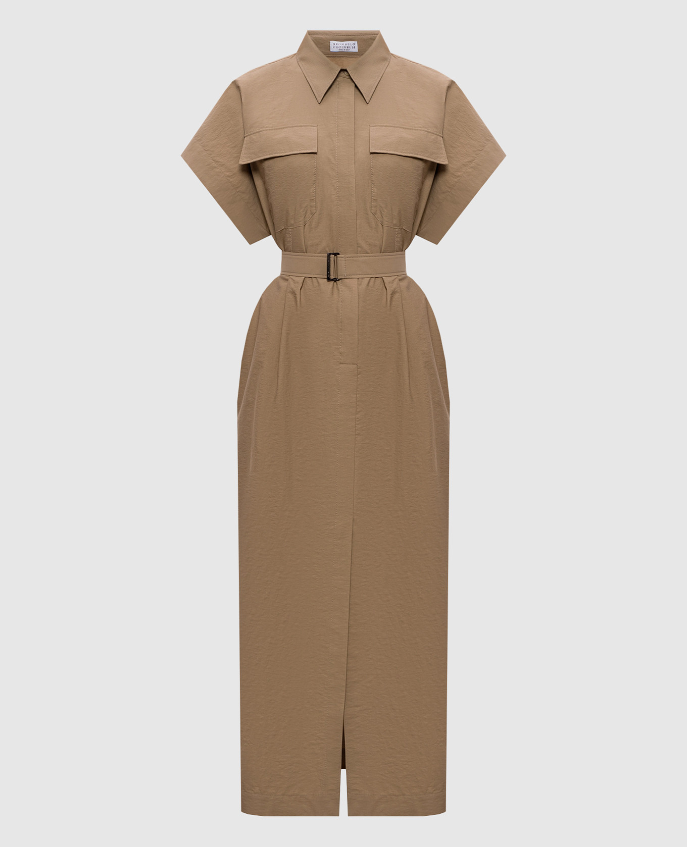 Бежевое платье-рубашка с цепочкой мониль