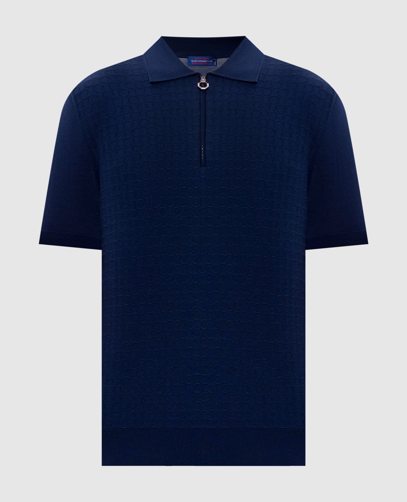 Синее поло из шерсти, кашемира и шелка в узор