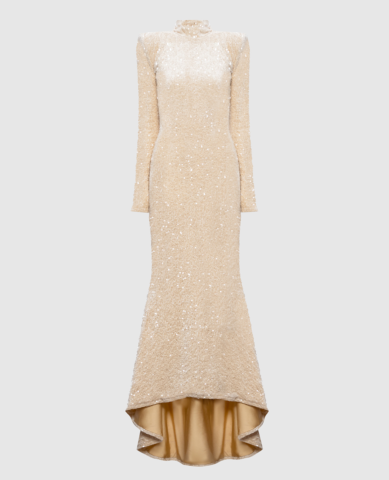Бежевое велюровое платье макси в пайетке