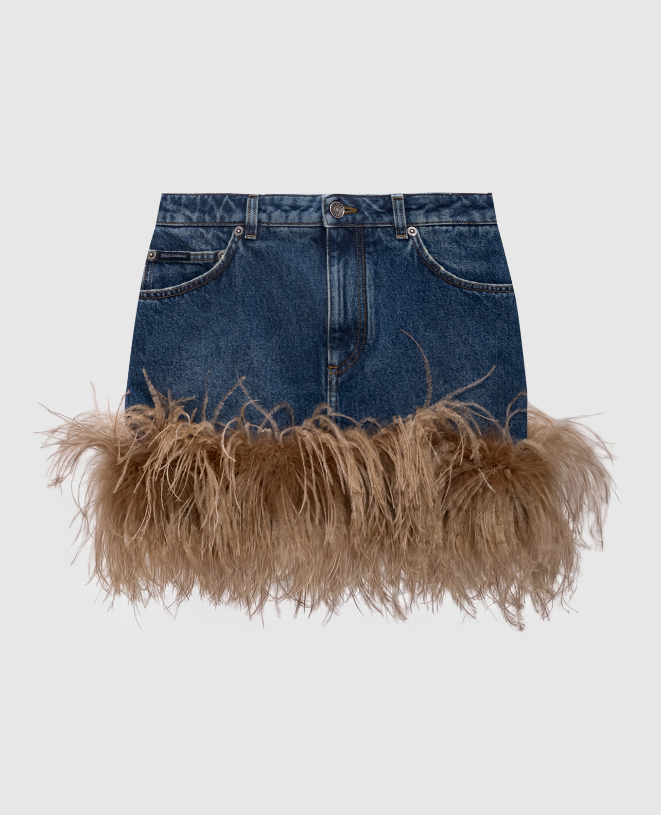 

Синяя джинсовая юбка мини с перьями страуса, Синий, Юбки узкие