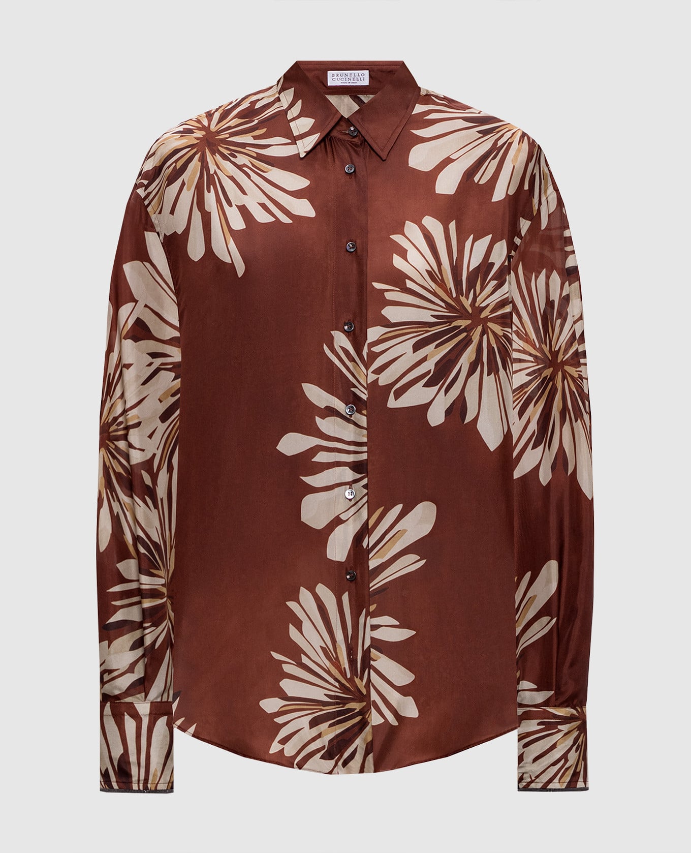 Коричневые блузки из шелка в принт