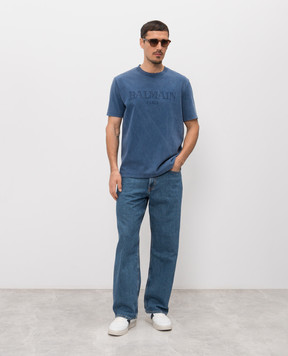 Balmain Синя футболка з вишивкою логотипа GH1EG000BC72