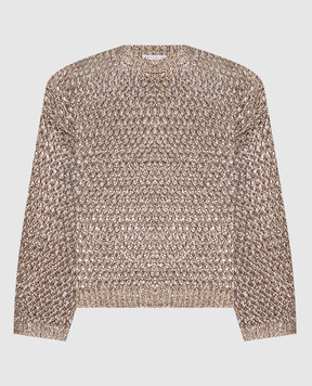Brunello Cucinelli Бежевый ажурный джемпер с шелком и льном с пайетками MEA345600P
