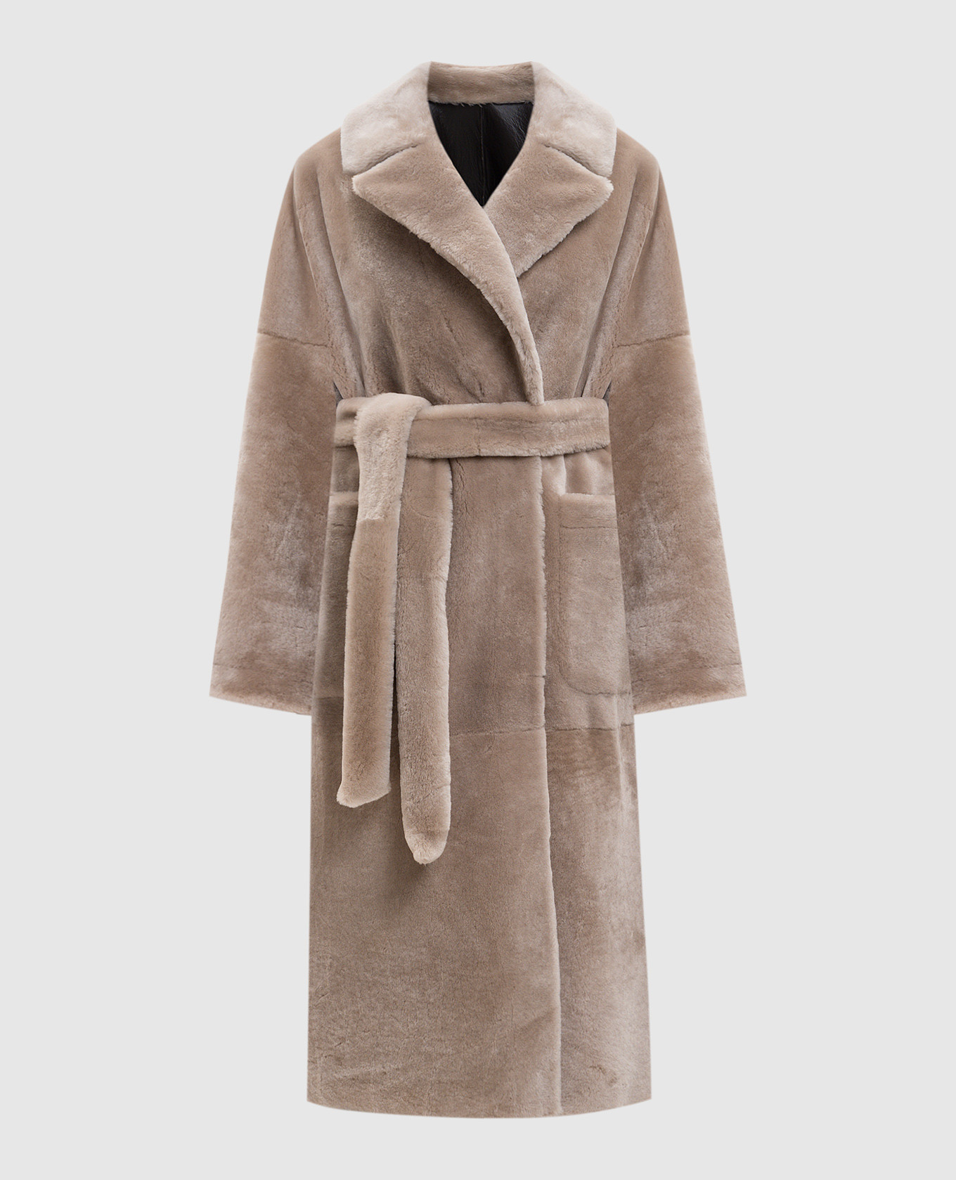 

Бежевая двусторонняя двубортная дубленка с поясом, Бежевый, Дубленки