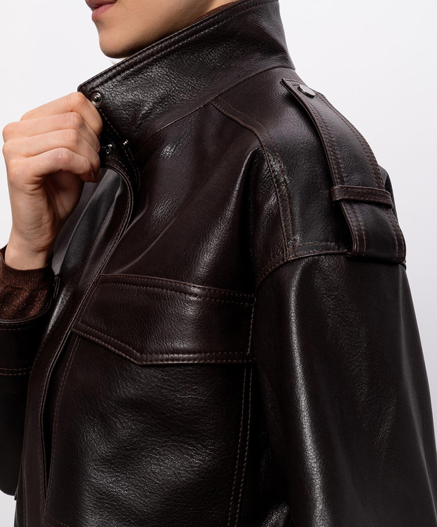 Babe Pay Pls Коричневая кожаная куртка с накладными карманами 2605AMAZON изображение 5