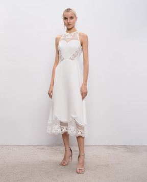 Twinset Белое платье миди с леном с ажурными вставками 261TT2241