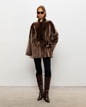 Babe Pay Pls Коричневая двусторонняя дубленка с кулиской 2623MERINO
