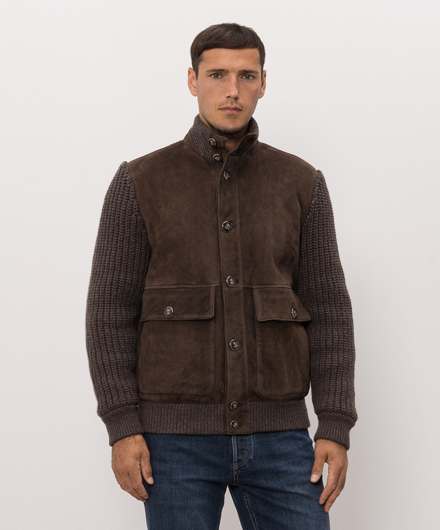 Brunello Cucinelli Коричневая комбинированная куртка на меху MPMVS2060 изображение 2