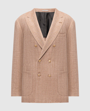 Brunello Cucinelli Коричневый двубортный пиджак из шерсти, шелка и льна MZ4077BBDG