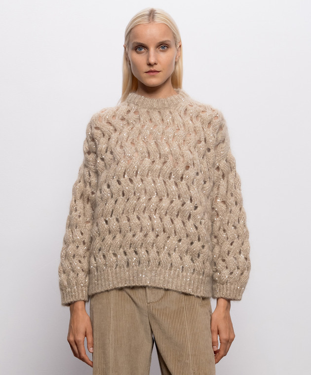 Brunello Cucinelli Бежевый ажурный свитер с шерстью MNT347520 изображение 3