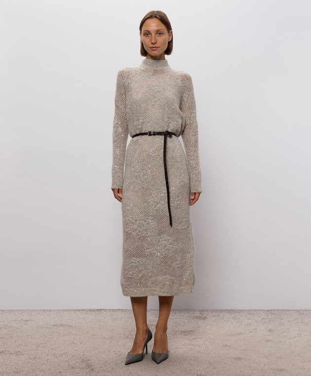 Brunello Cucinelli Серое ажурное платье с поясом MFA790A94 изображение 3