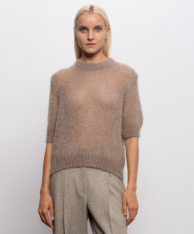 Brunello Cucinelli Бежевый свитер из кашемира и шелка с короткими рукавами MLC349310P изображение 3