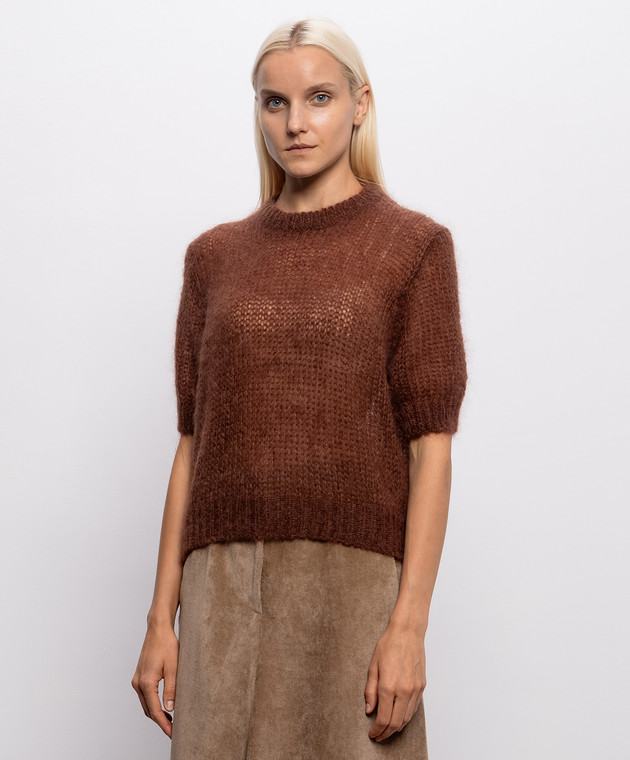 Brunello Cucinelli Коричневый свитер из кашемира и шелка с короткими рукавами MLC349310P изображение 3