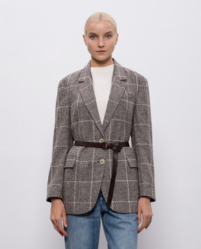 Brunello Cucinelli Серый жакет с шерстью альпаки в клетку с поясом MV4037396