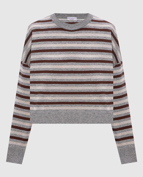 Brunello Cucinelli Серый свитер из шерсти, кашемира и шелка в полоску M16221900P