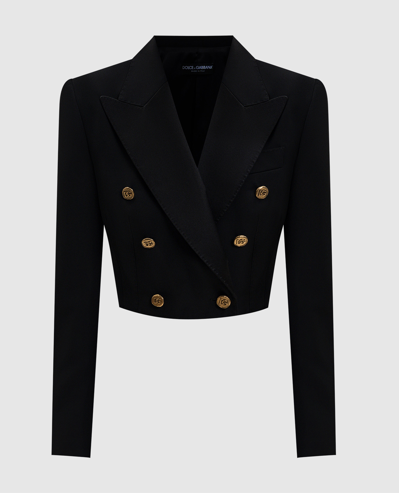 

Черный укороченный двубортный жакет из шерсти и шелка, Жакеты