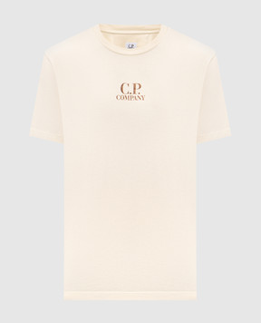 C.P. Company Бежева футболка з контрастним принтом логотипа та емблеми MTS291A005431G