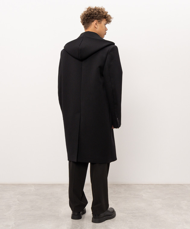Balenciaga Черное двубортное пальто из шерсти с капюшоном A00AEYTUT15 изображение 4