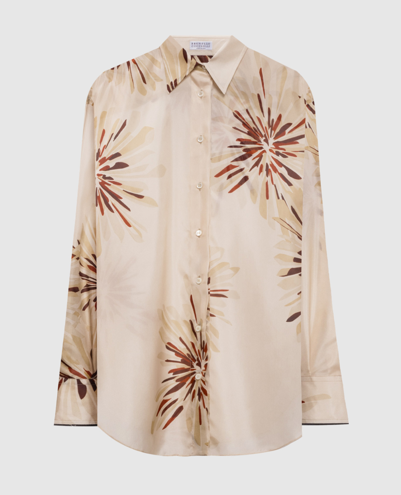 Бежевая блуза из шелка в брендовый принт