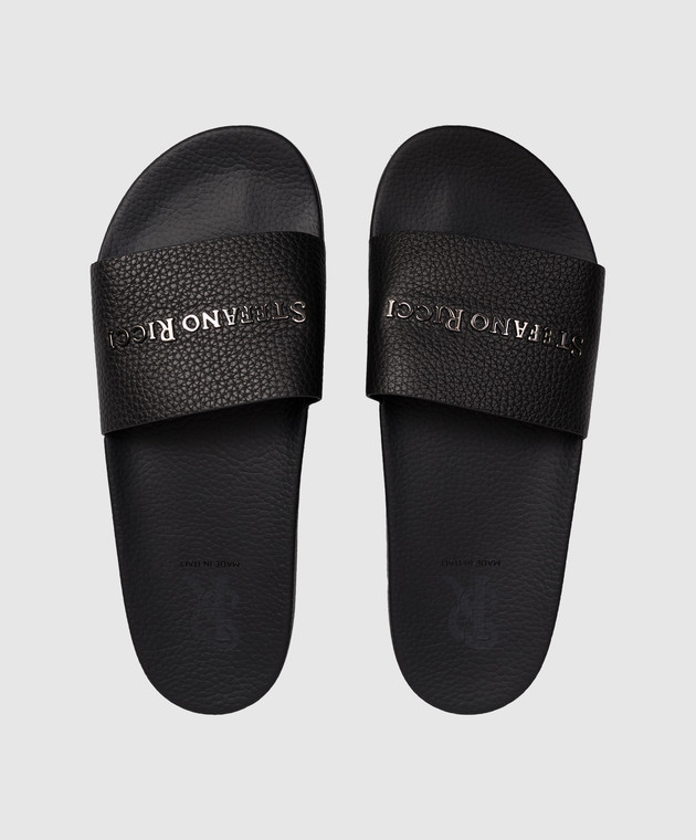 Stefano Ricci Чорні шкіряні слайдери з фактурним логотипом UG31G761VD зображення 4