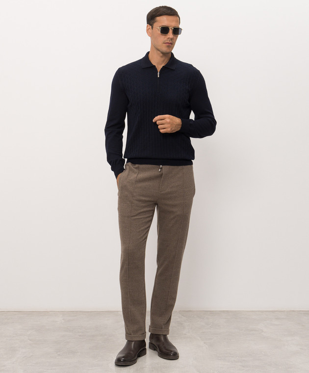Bertolo Cashmere Синее поло с шерстью и шелком в тканом узоре 902626002566 изображение 2