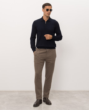 Bertolo Cashmere Синее поло с шерстью и шелком в тканом узоре 902626002566