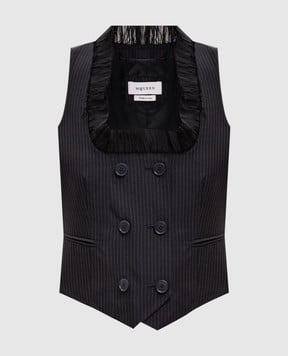 Alexander McQueen Темно-синий двубортный жилет с шерстью в полоску 867844QJAF4