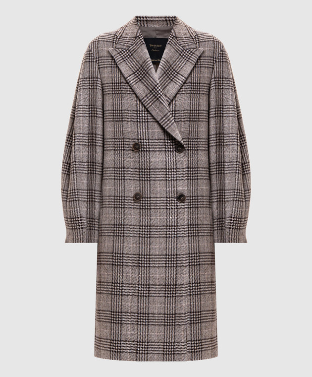 Twinset Серое двубортное пальто с шерстью в клеточку 262TP2740
