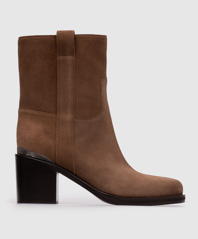 Brunello Cucinelli Коричневі замшеві ботильйони з ланцюжком моніль MZSFC3358P