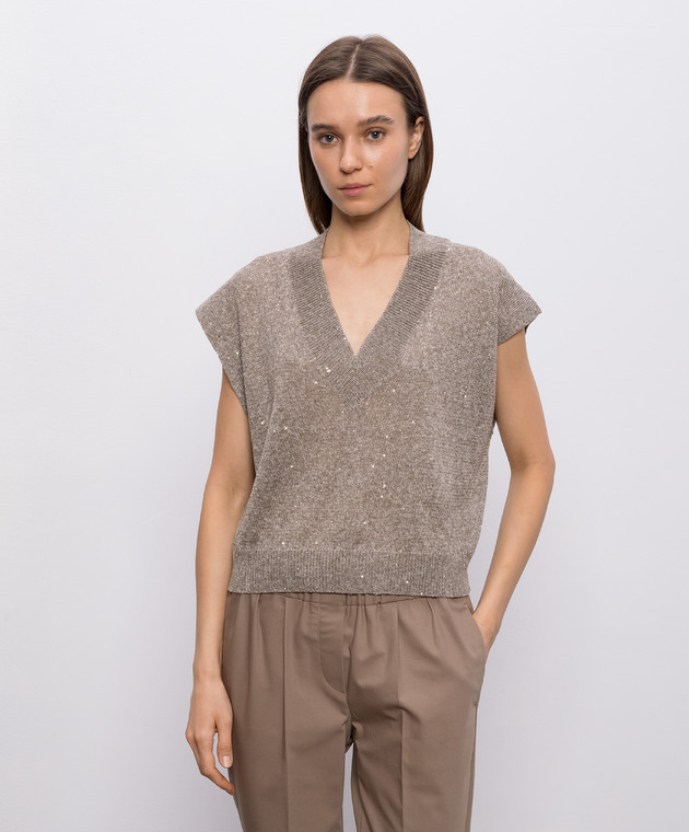 Brunello Cucinelli Коричневий жилет з льоном з паєтками MDT746402 зображення 3