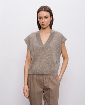 Brunello Cucinelli Коричневый жилет с льном с пайетками MDT746402