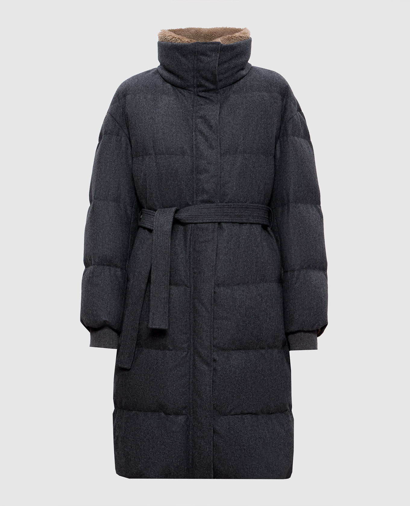 

Серый пуховик из шерсти с мехом, Пуховики