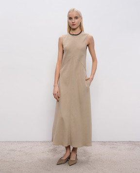 Brunello Cucinelli Бежева сукня з льоном з ланцюжком моніль MH126AFR61