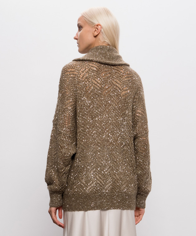 Brunello Cucinelli Ажурний кардиган кольору хакі з паєтками MRG562516 зображення 4
