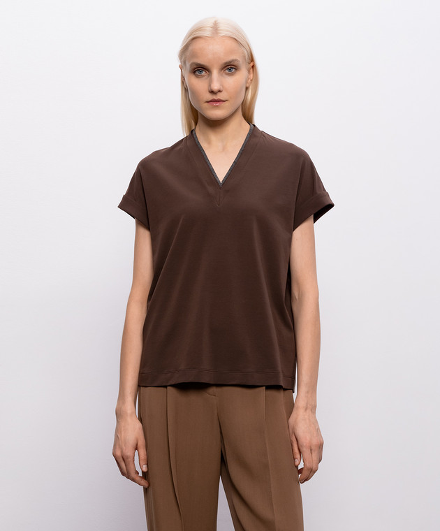 Brunello Cucinelli Коричневая футболка с цепочкой мониль MPT18BD222 изображение 3