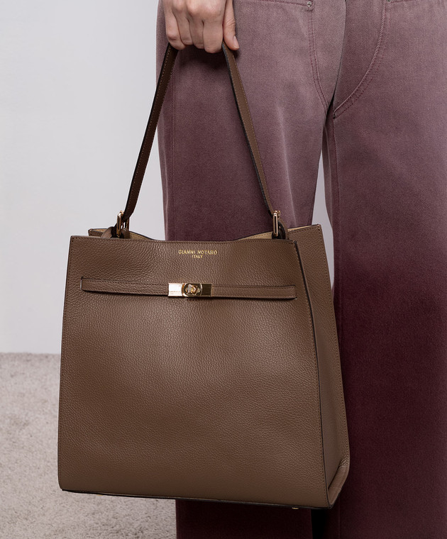 Gianni Notaro Коричневая кожаная сумка DOLLARO с принтом логотипа 255DOLLAROORO изображение 2