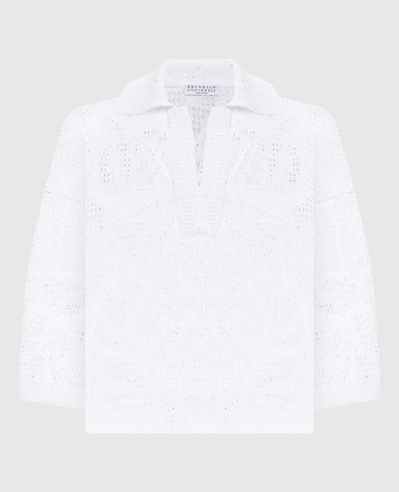 Белый ажурный пуловер из льна с воротником-поло