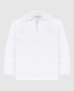 Brunello Cucinelli Белый ажурный пуловер из льна с воротником-поло MDT771005