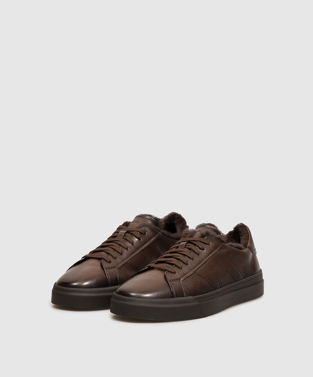 Santoni Коричневые кожаные кроссовки на меху MBGT22257SMOPPIB изображение 2