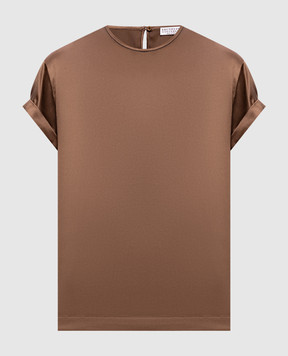 Brunello Cucinelli Коричневая блуза из шелка с отворотами MPC59DE310