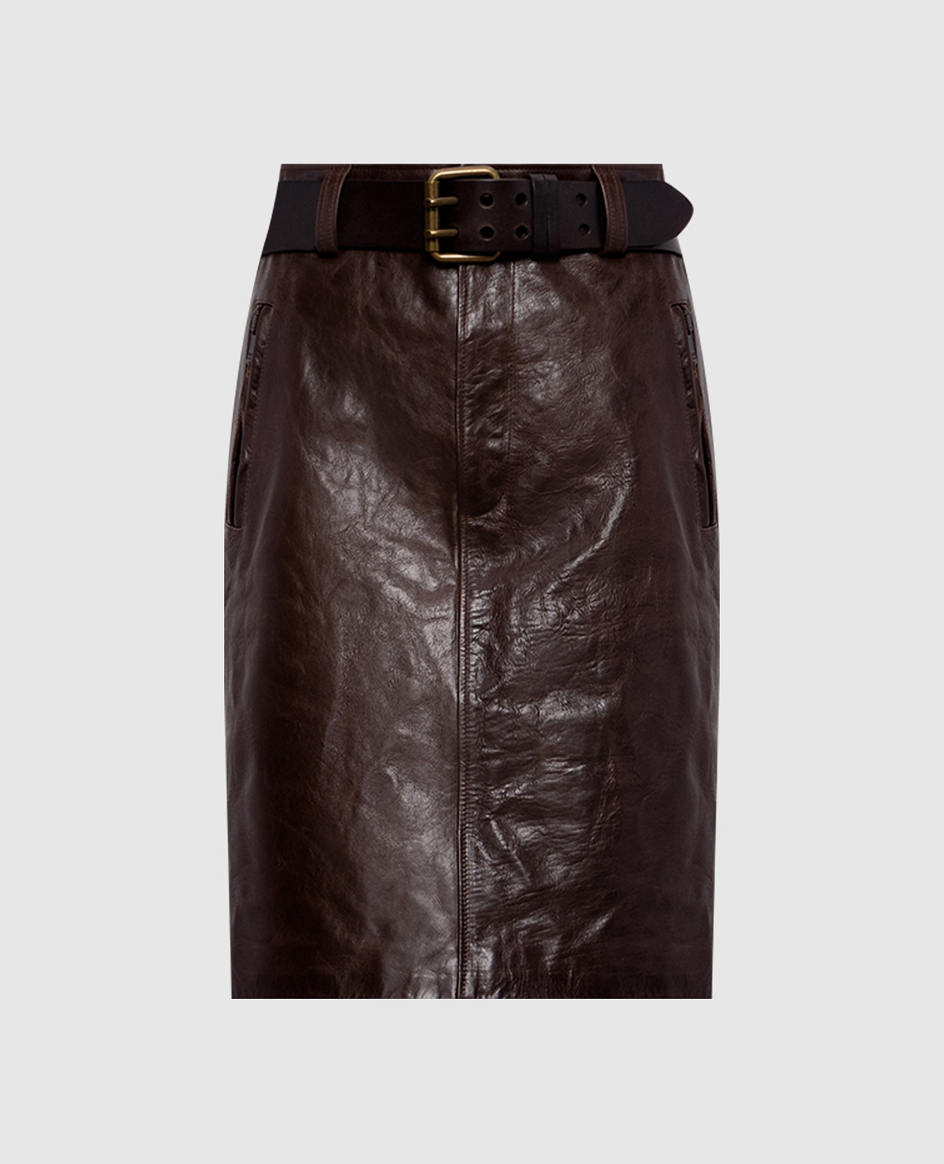 

Коричневая кожаная юбка с поясом, Коричневый, Юбки прямые