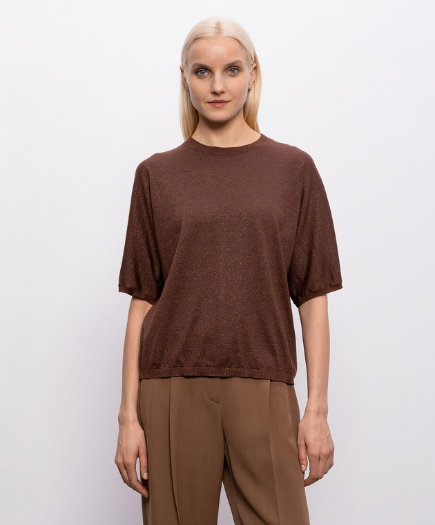 Brunello Cucinelli Коричнева футболка з кашеміром та шовком з люрексом M41835700P зображення 3