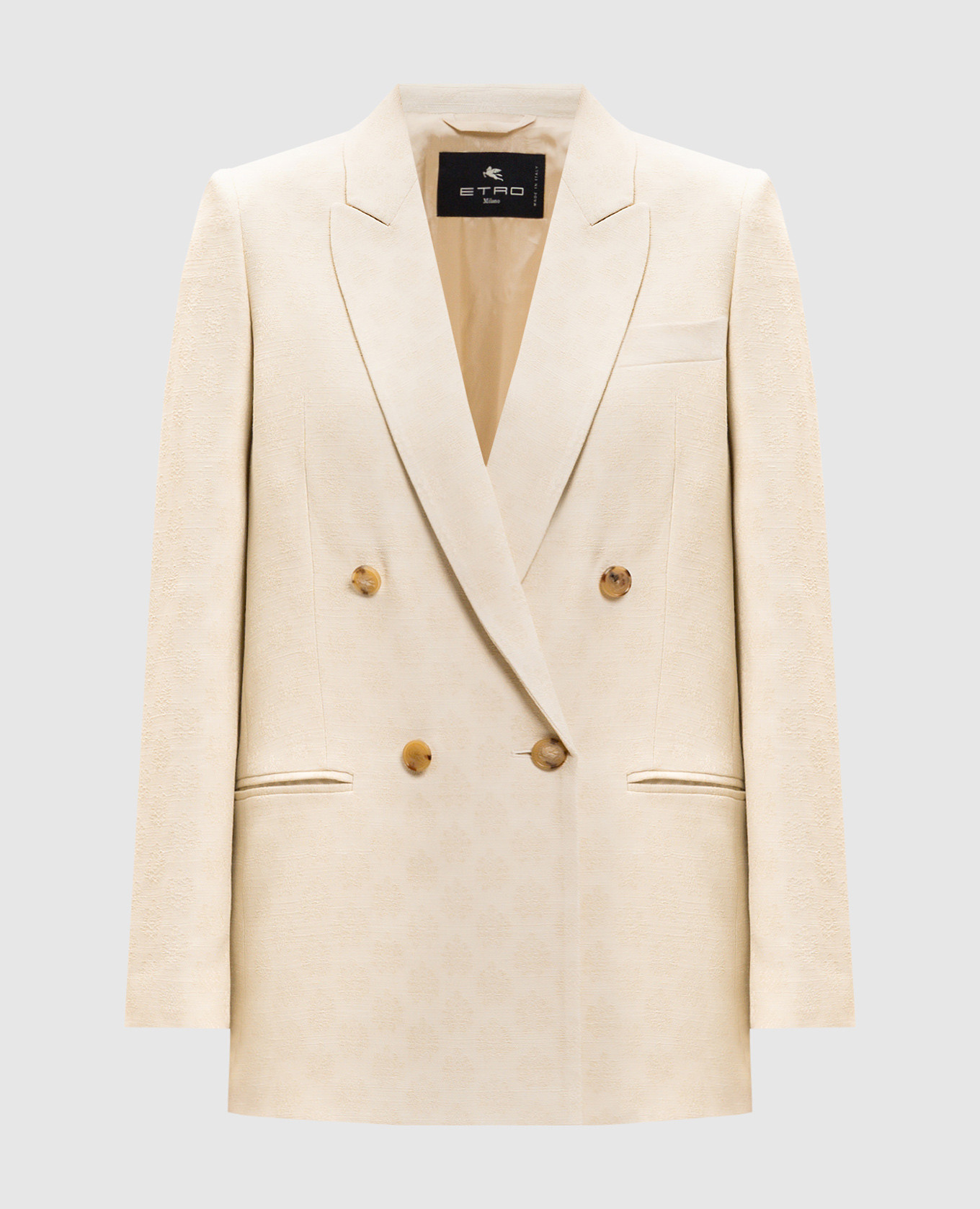 Бежевий двобортний жакет у візерунок