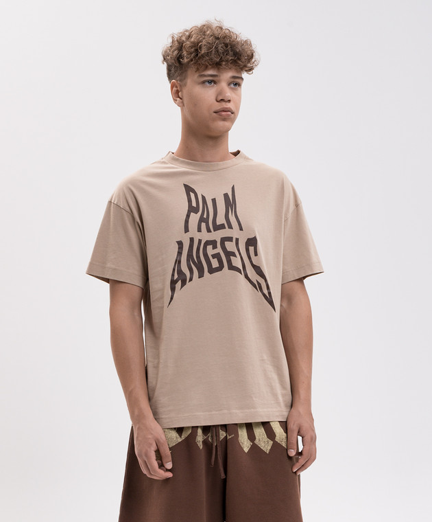 Palm Angels Бежева футболка з брендовим принтом PAMAA001JR016 зображення 3