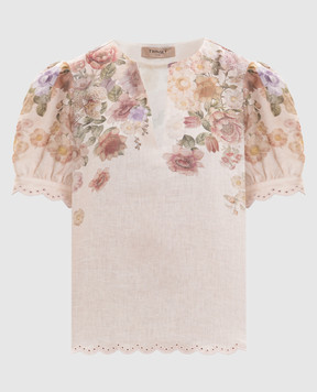 Twinset Бежева блуза з льону в квітковий принт 261TT2573