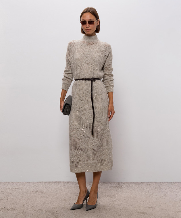 Brunello Cucinelli Серое ажурное платье с поясом MFA790A94 изображение 2
