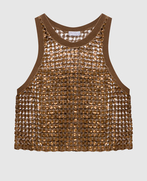 Brunello Cucinelli Коричневий ажурний топ із шовку та льону з паєтками MCBR11800
